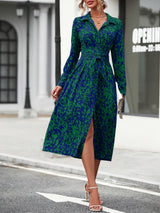 Blue Geometric Print Lapel Collar Shirt Dress with Self-Tie Belt | Gemora Collection 7