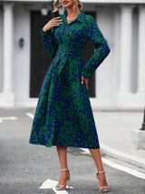 Blue Geometric Print Lapel Collar Shirt Dress with Self-Tie Belt | Gemora Collection 8