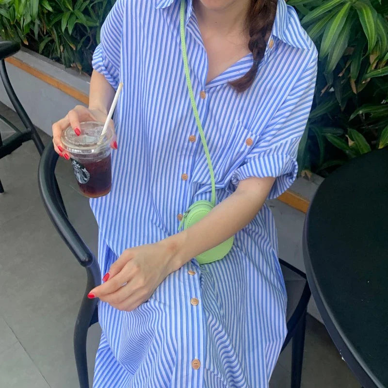 Blue Striped Lapel Collar Short Sleeve Loose Fit Summer Dress | Selina Collection 0