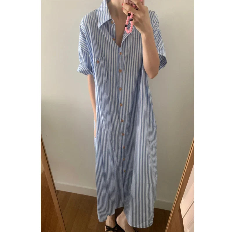 Blue Striped Lapel Collar Short Sleeve Loose Fit Summer Dress | Selina Collection 4