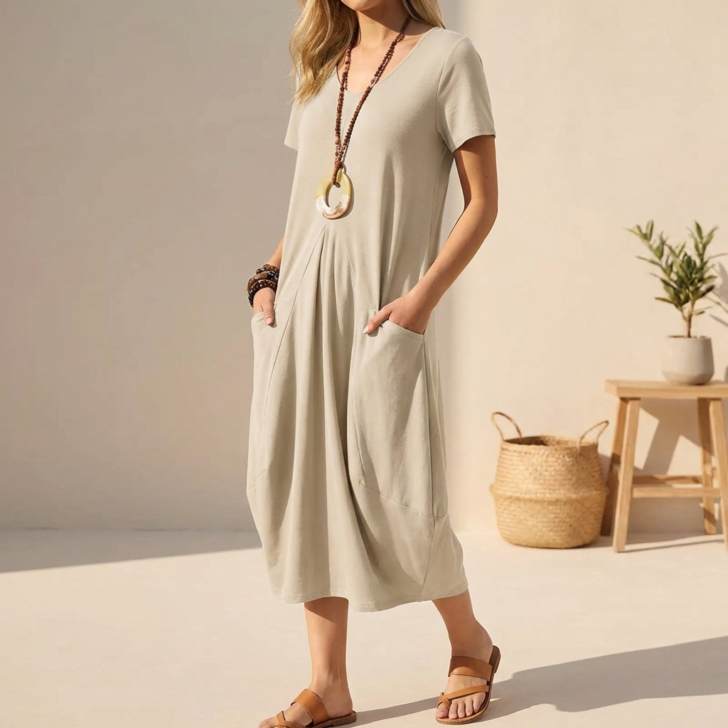 Blue V-Neck Short Sleeve Relaxed Fit Midi Casual Dress with Pockets | Verena Collection 0