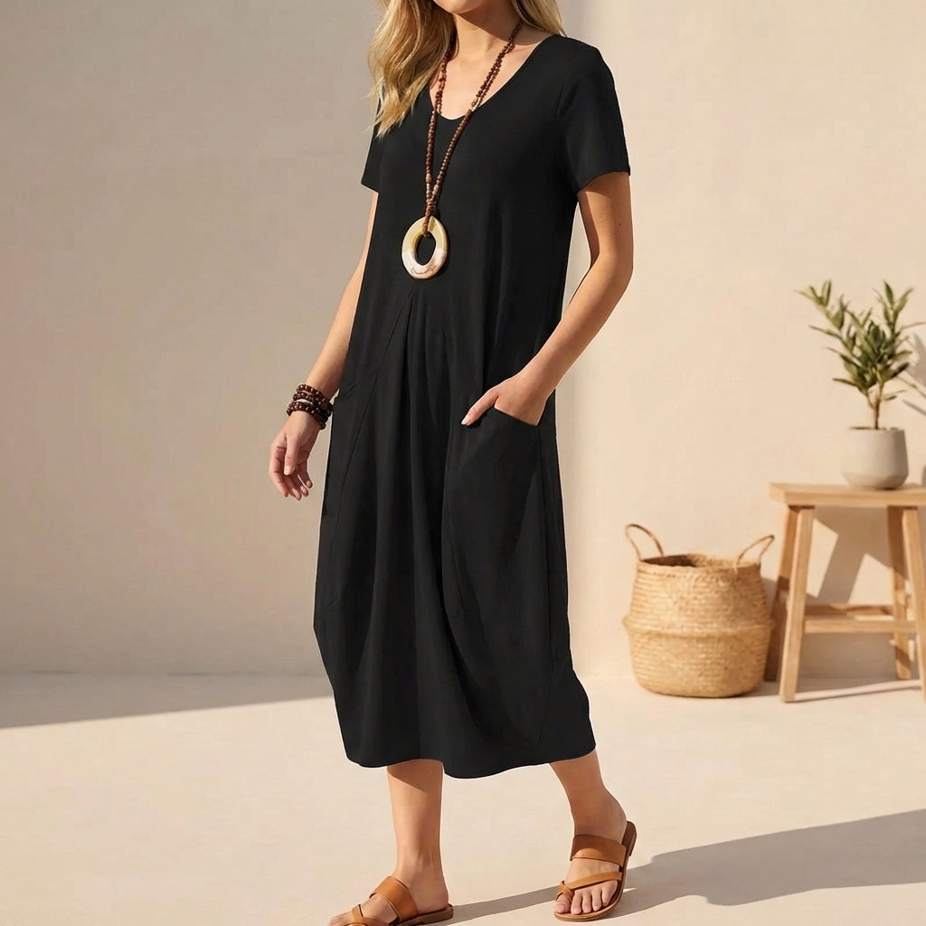 Blue V-Neck Short Sleeve Relaxed Fit Midi Casual Dress with Pockets | Verena Collection 1