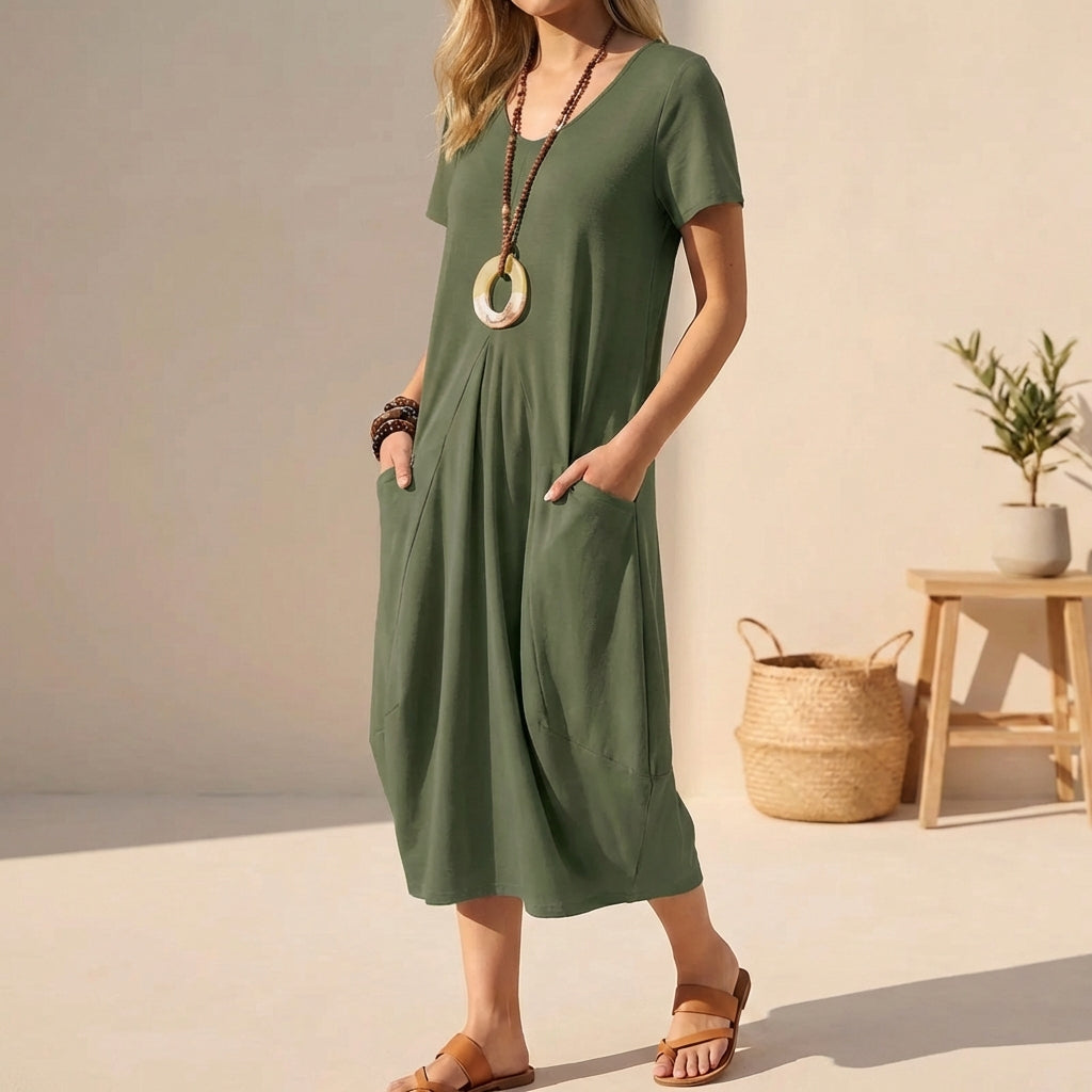 Blue V-Neck Short Sleeve Relaxed Fit Midi Casual Dress with Pockets | Verena Collection 2