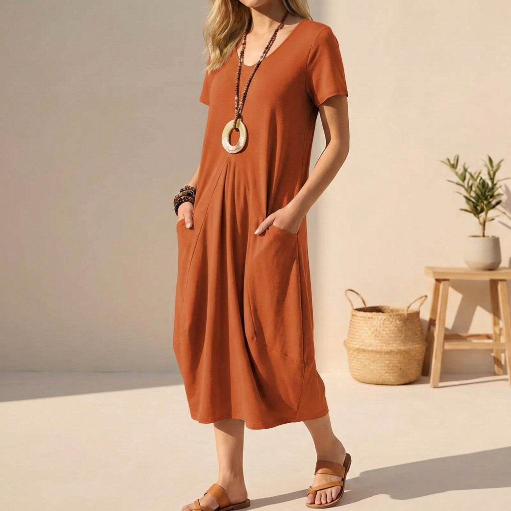 Blue V-Neck Short Sleeve Relaxed Fit Midi Casual Dress with Pockets | Verena Collection 3