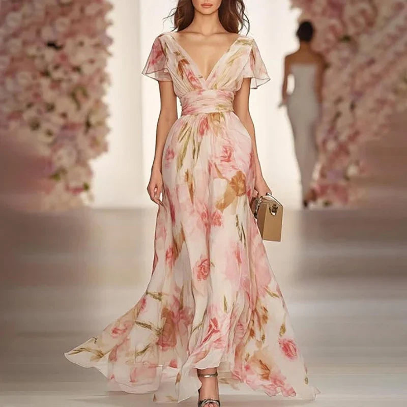 Woman wearing a floral dress on a runway with blurred floral decorations in the background