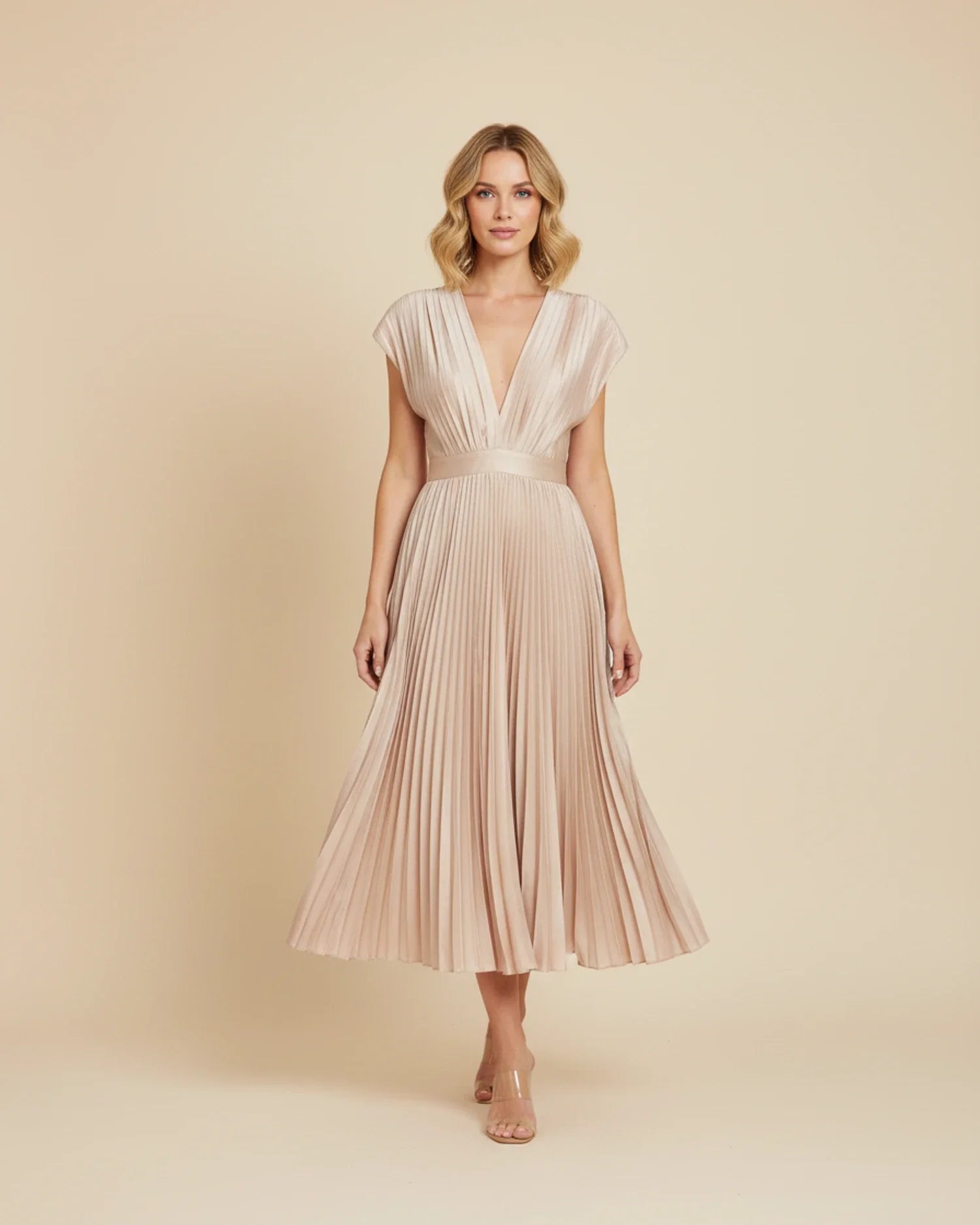 Blush Pleated Fit and Flare Midi Wedding Guest Dress | Willow Collection 2