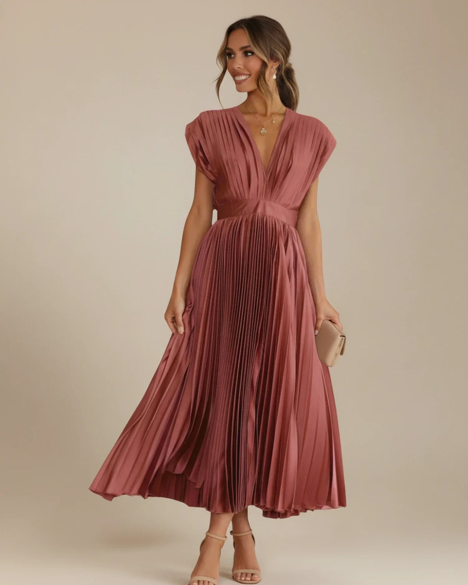 Blush Pleated Fit and Flare Midi Wedding Guest Dress | Willow Collection 3