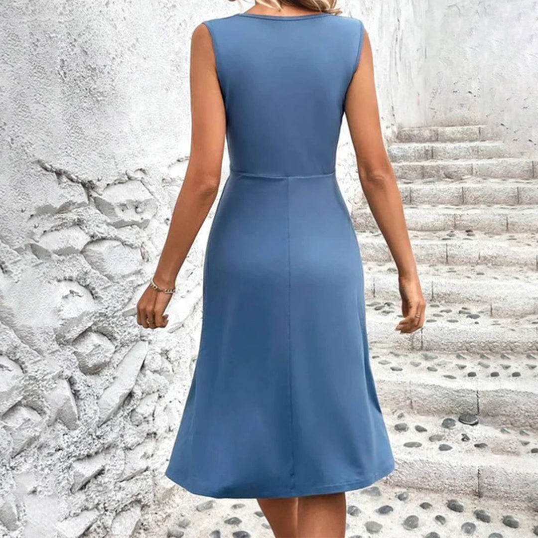 Blush Ruched V-Neck Sleeveless A-Line Midi Wedding Guest Dress | Reverie Collection 5