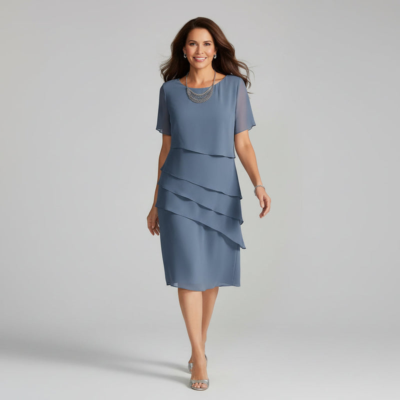Blush Tiered Chiffon Short Sleeve Midi Dress | Selene Collection 1