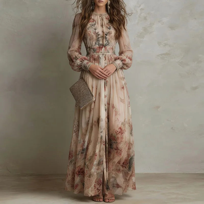 Woman wearing a floral dress holding a clutch against a neutral background