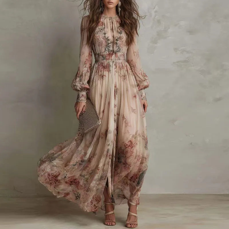 Woman wearing a long floral dress against a neutral background