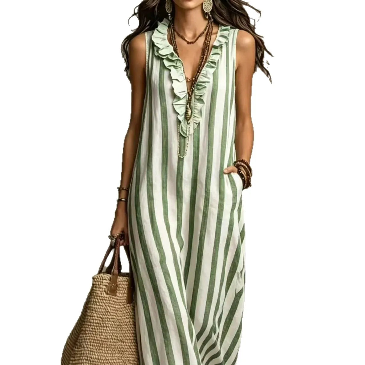A woman wearing a sleeveless, ruffled maxi dress with vertical green and off-white stripes, holding a woven straw tote bag against a plain white background.