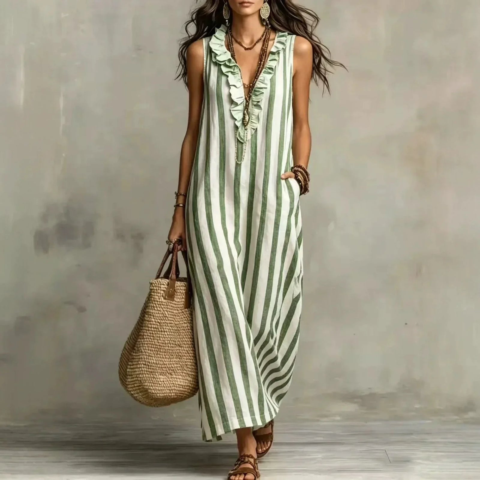 A woman models a sleeveless, ruffled V-neck maxi dress with vertical green and white stripes. She is holding a large woven straw tote bag and wearing gold jewelry, standing against a textured gray concrete wall.