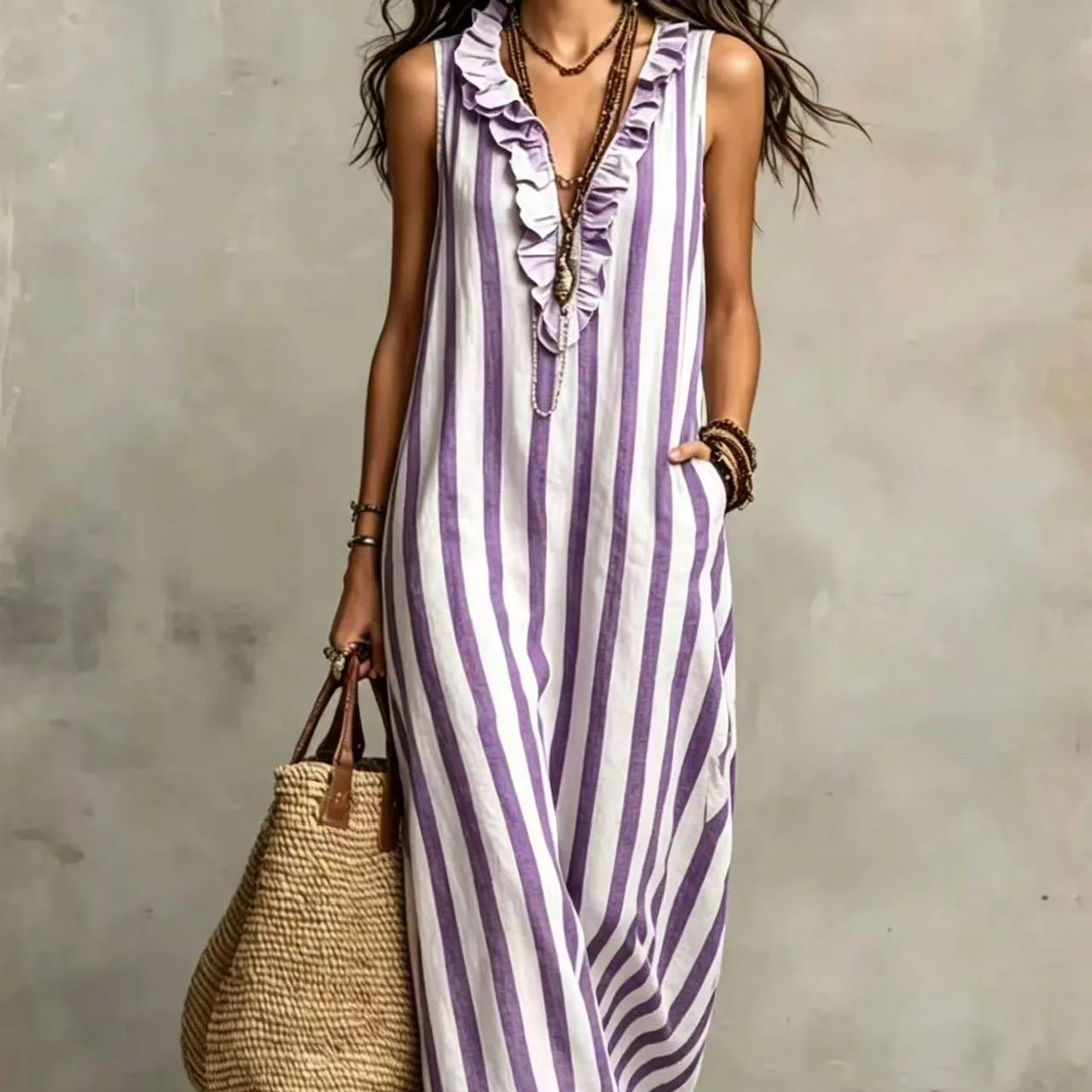 A woman wearing a sleeveless white maxi dress with vertical purple stripes and a ruffled V-neckline, holding a woven straw tote bag against a textured gray wall.