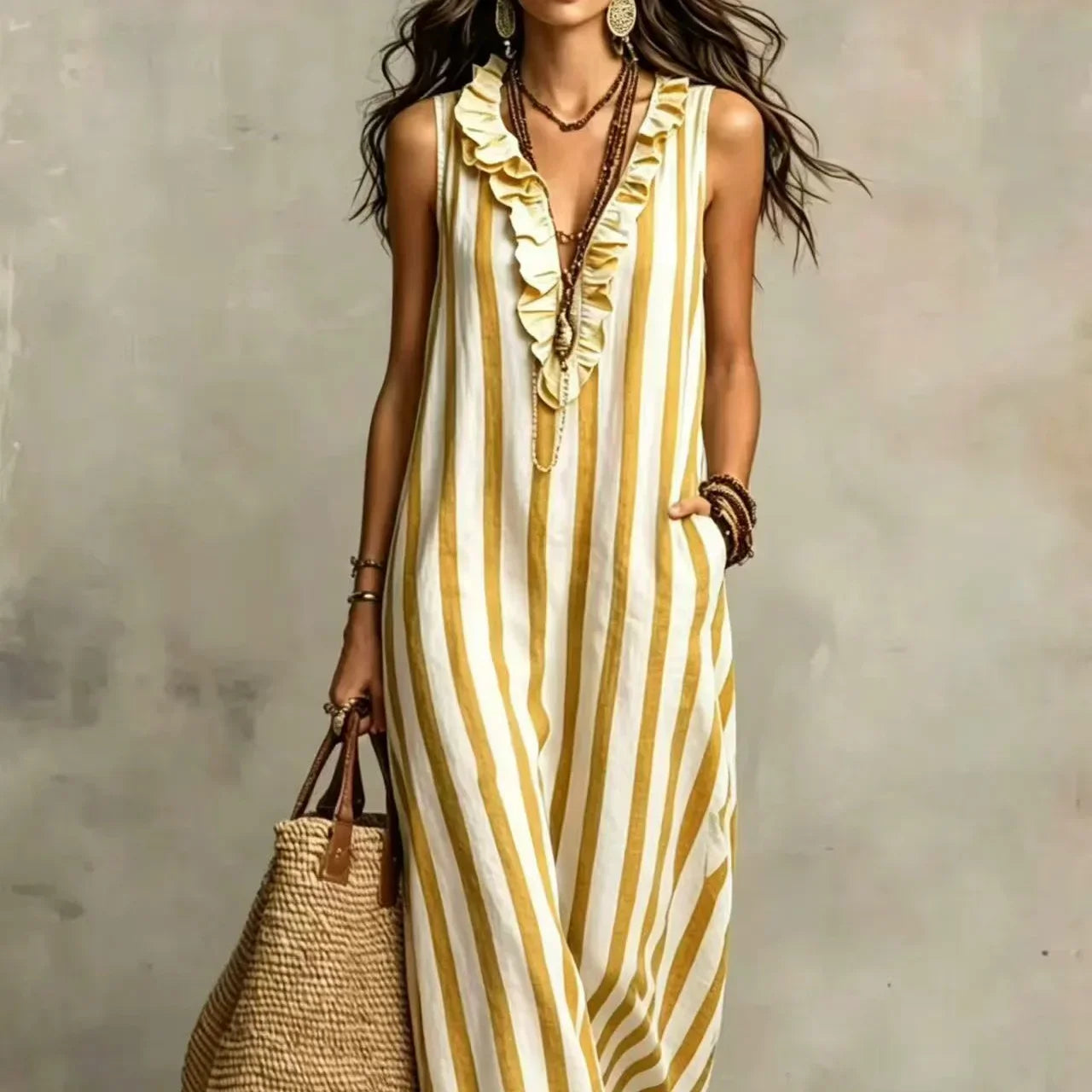 A woman wearing a sleeveless, ruffled V-neck maxi dress with vertical mustard yellow and cream stripes, accessorized with layered necklaces, bracelets, and a woven straw tote bag, set against a textured gray wall.