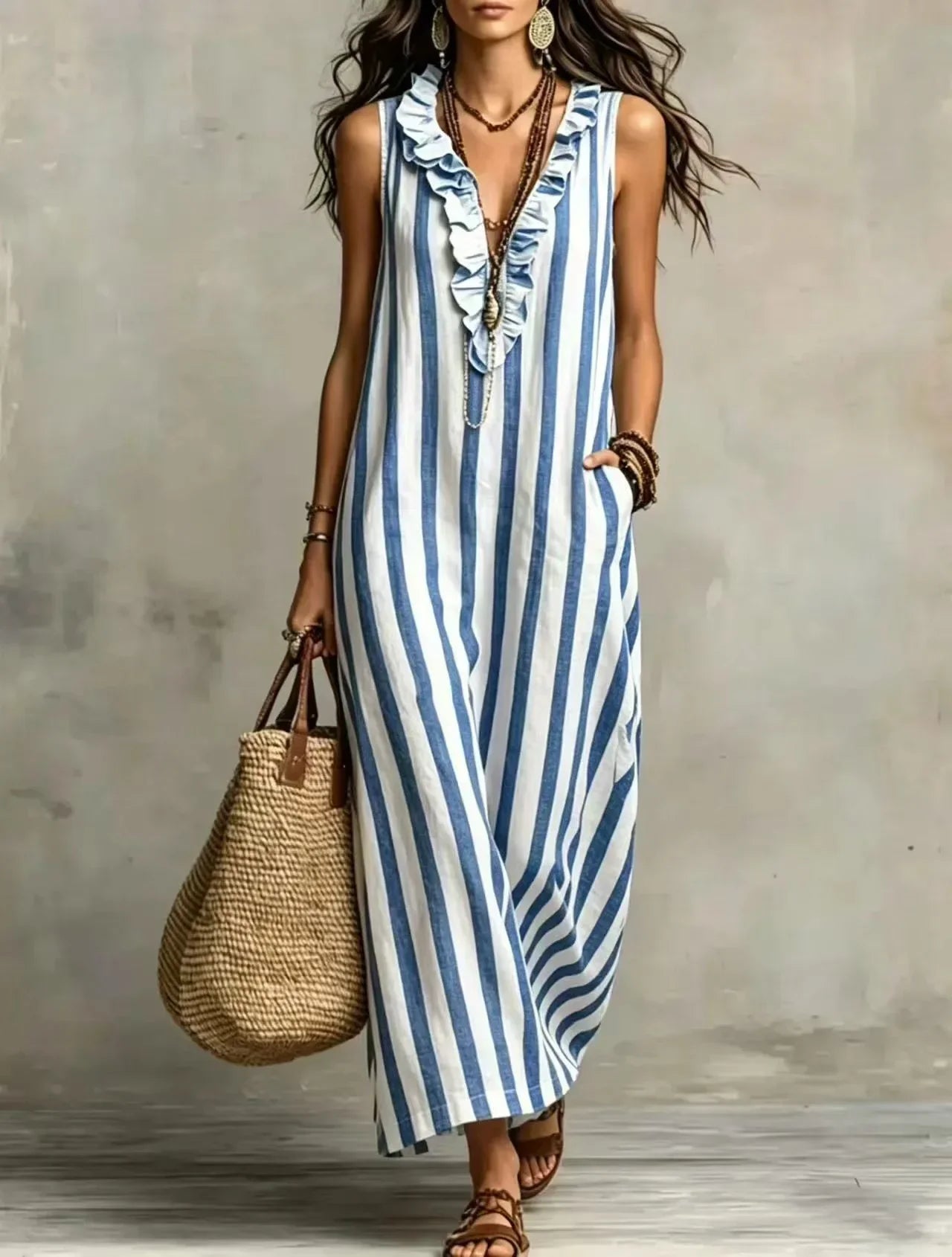 A woman models a sleeveless, blue and white vertically striped maxi dress with ruffled details on the neckline and pockets. She is holding a large woven straw tote bag against a textured gray studio backdrop.