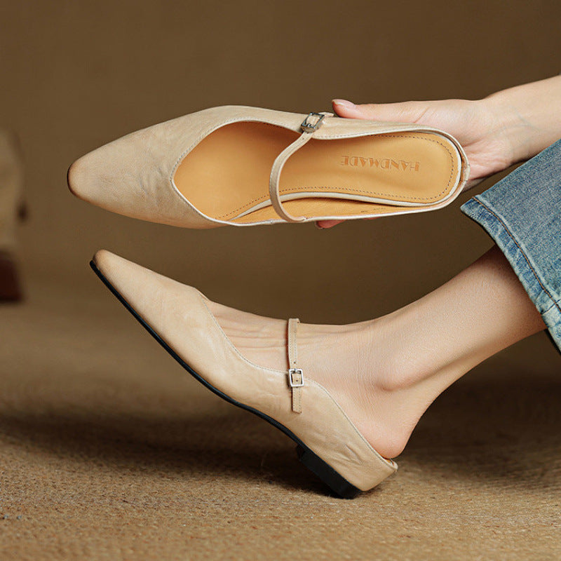 Brown Buckled Pointed Toe Mules Shoes | Thea Collection 0