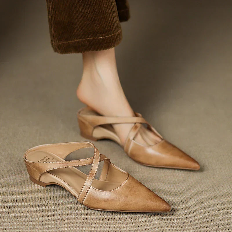 Brown Cross-Strap Pointed Toe Mules Shoes for Women | Helene Collection 6