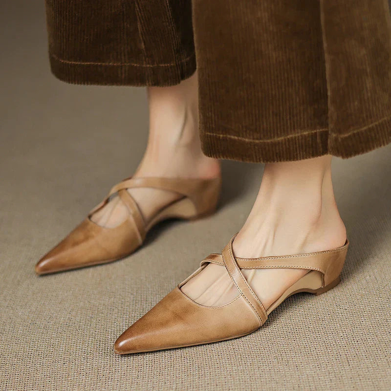 Brown Cross-Strap Pointed Toe Mules Shoes for Women | Helene Collection 7