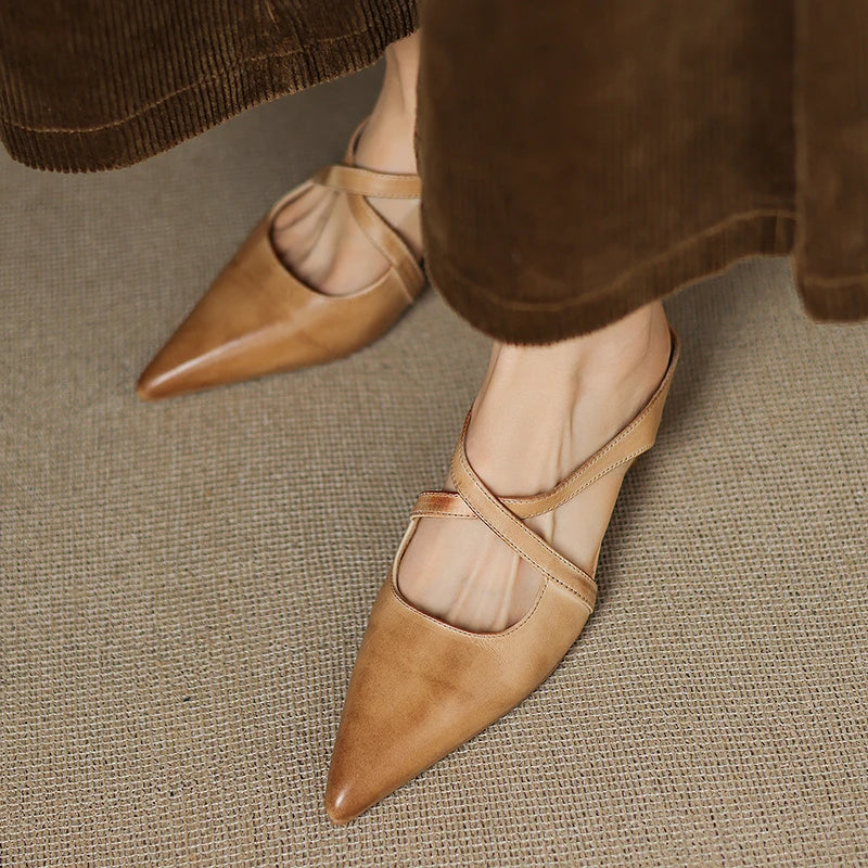 Brown Cross-Strap Pointed Toe Mules Shoes for Women | Helene Collection 8