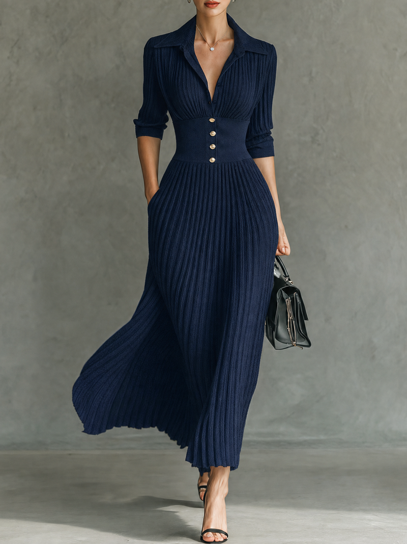 Button-Front Collared Long Sleeve Pleated A-Line Dress | Mistral Collection 0