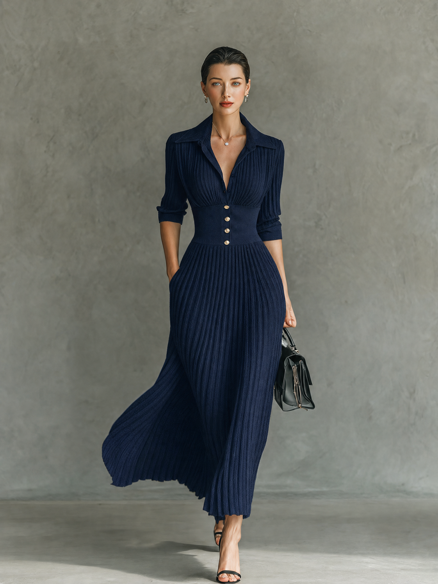 Button-Front Collared Long Sleeve Pleated A-Line Dress | Mistral Collection 4
