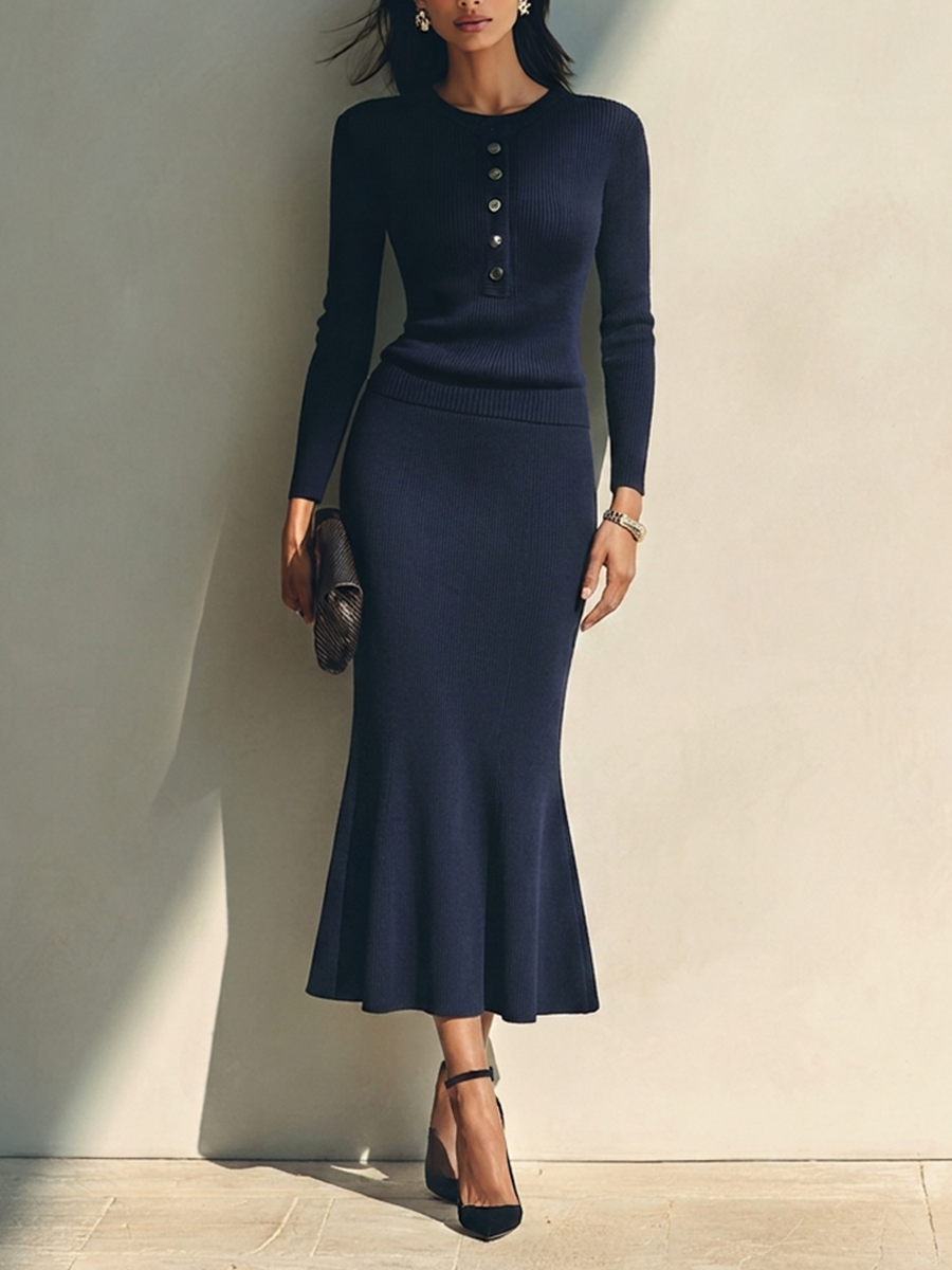 Charcoal Grey Ribbed Knit Round Neck Long Sleeve Slim Mermaid Skirt Set for Work & Evening | Meridian Collection 1