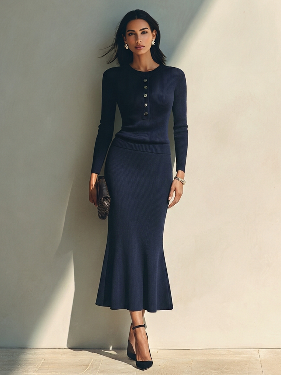 Charcoal Grey Ribbed Knit Round Neck Long Sleeve Slim Mermaid Skirt Set for Work & Evening | Meridian Collection 2
