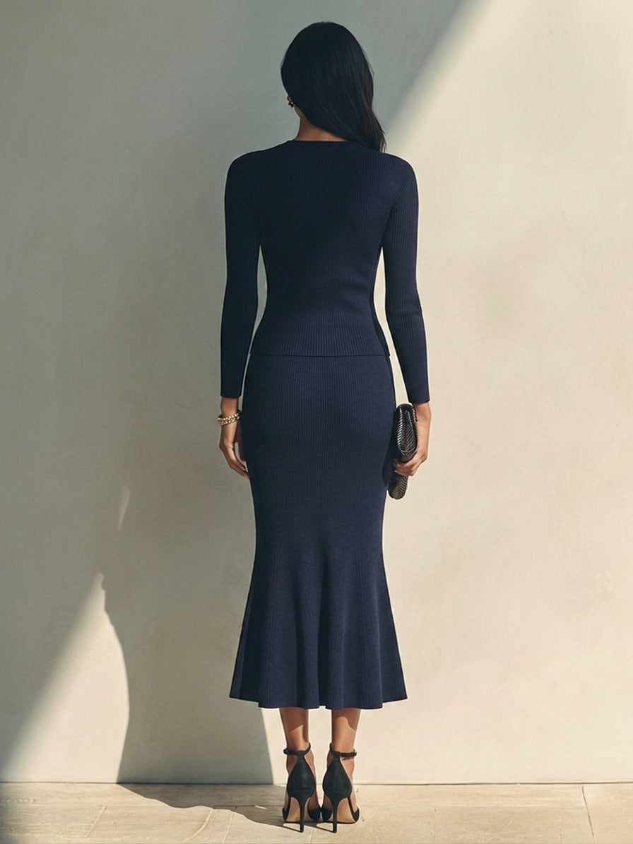 Charcoal Grey Ribbed Knit Round Neck Long Sleeve Slim Mermaid Skirt Set for Work & Evening | Meridian Collection 4