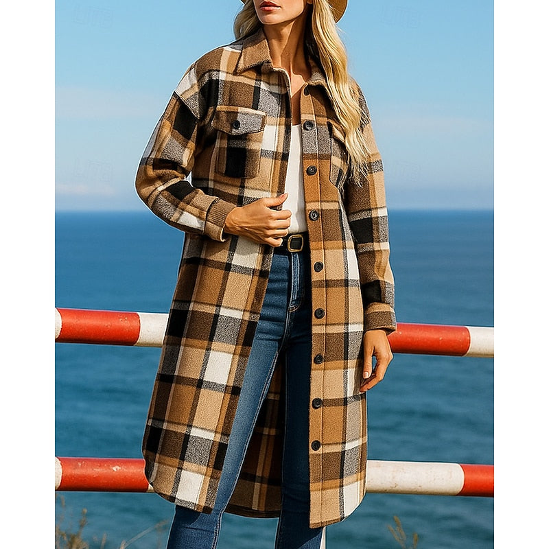 Checked Button-Front Relaxed Longline Winter Coat | Liora Collection 0