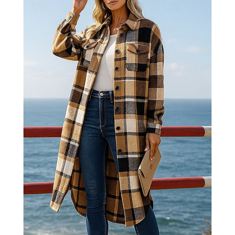 Checked Button-Front Relaxed Longline Winter Coat | Liora Collection 1
