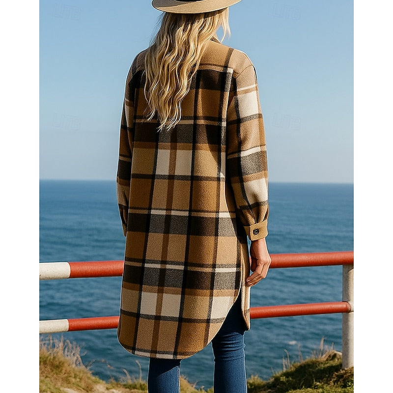 Checked Button-Front Relaxed Longline Winter Coat | Liora Collection 2