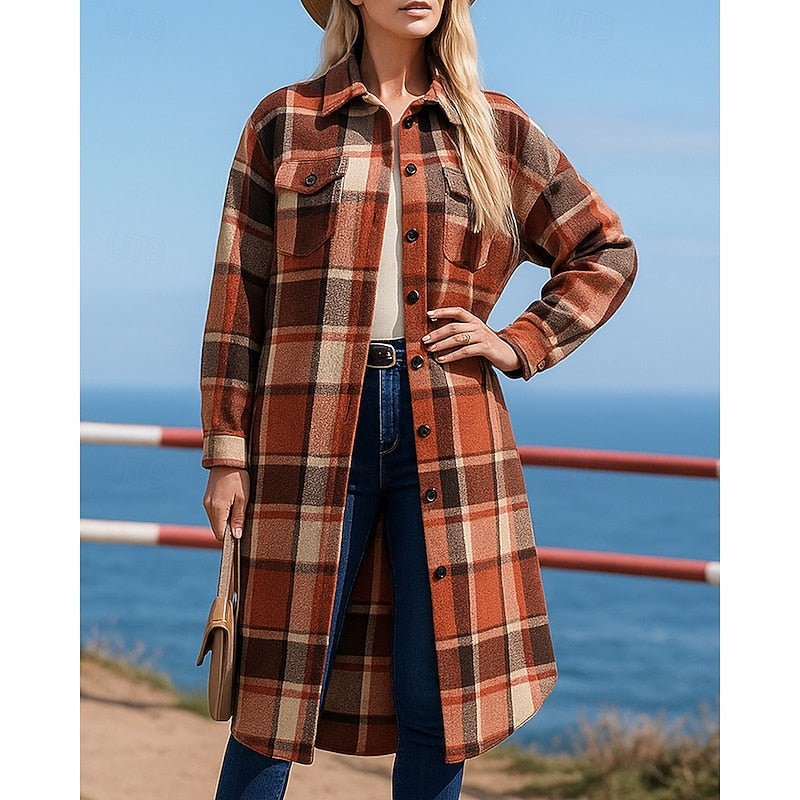 Checked Button-Front Relaxed Longline Winter Coat | Liora Collection 3