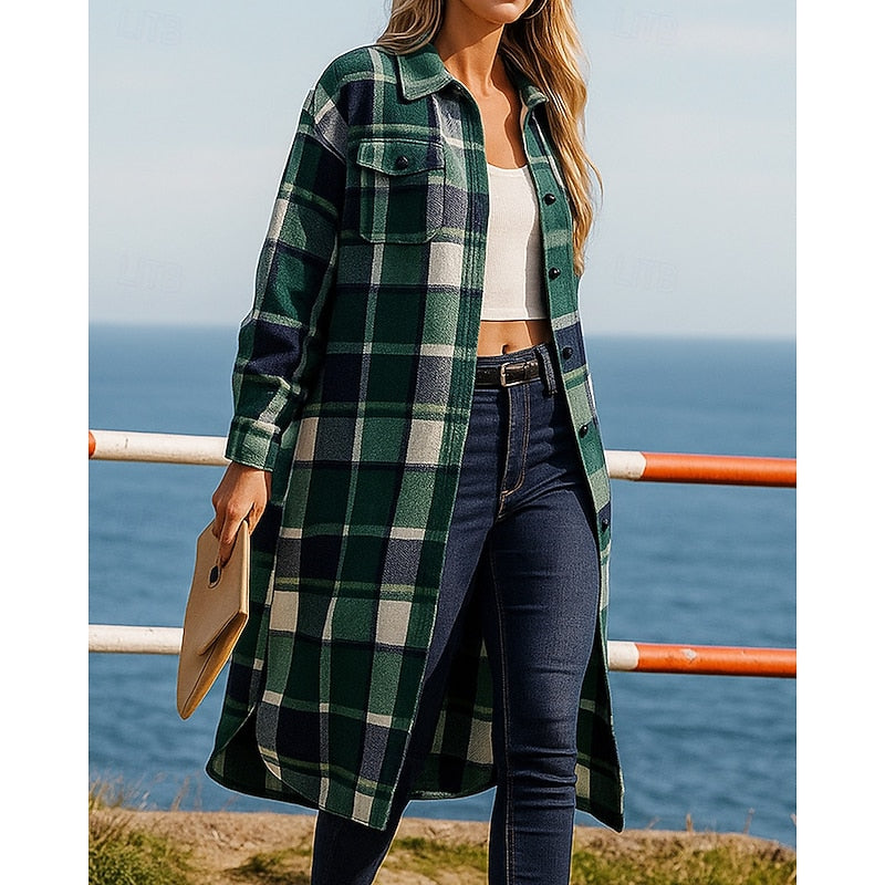 Checked Button-Front Relaxed Longline Winter Coat | Liora Collection 4