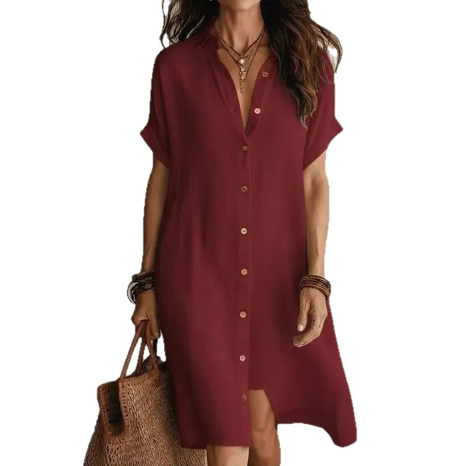 Maroon dress worn by a model on a white background