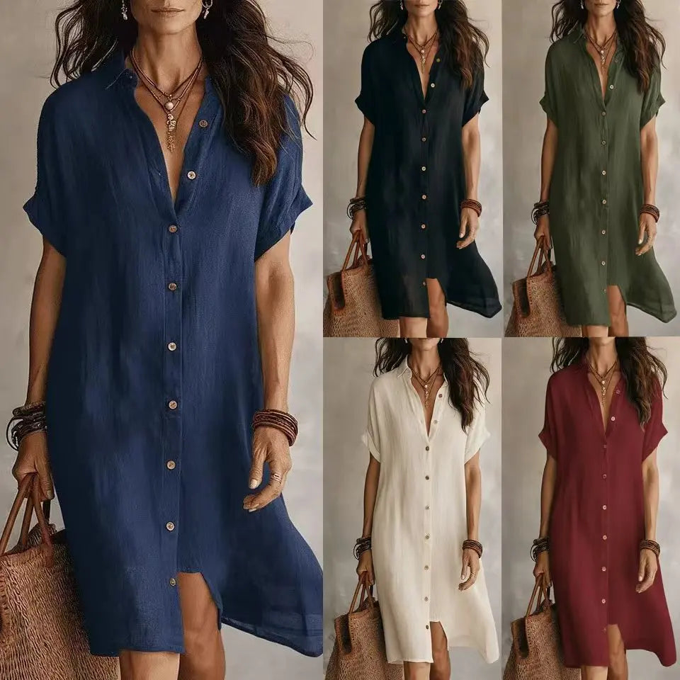 Woman wearing a blue shirt dress with four additional color options displayed.
