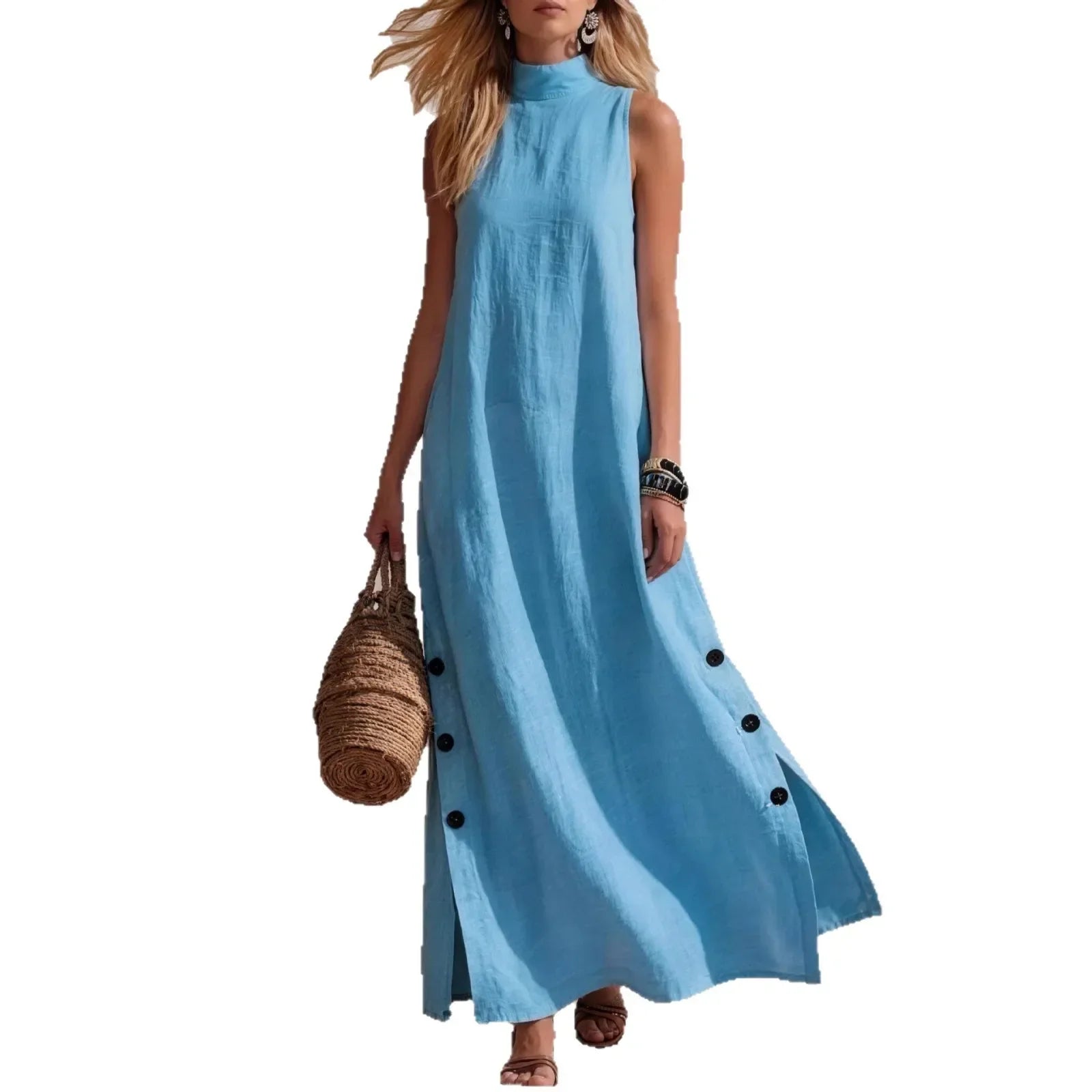 Woman wearing a blue sleeveless dress with black buttons on a white background