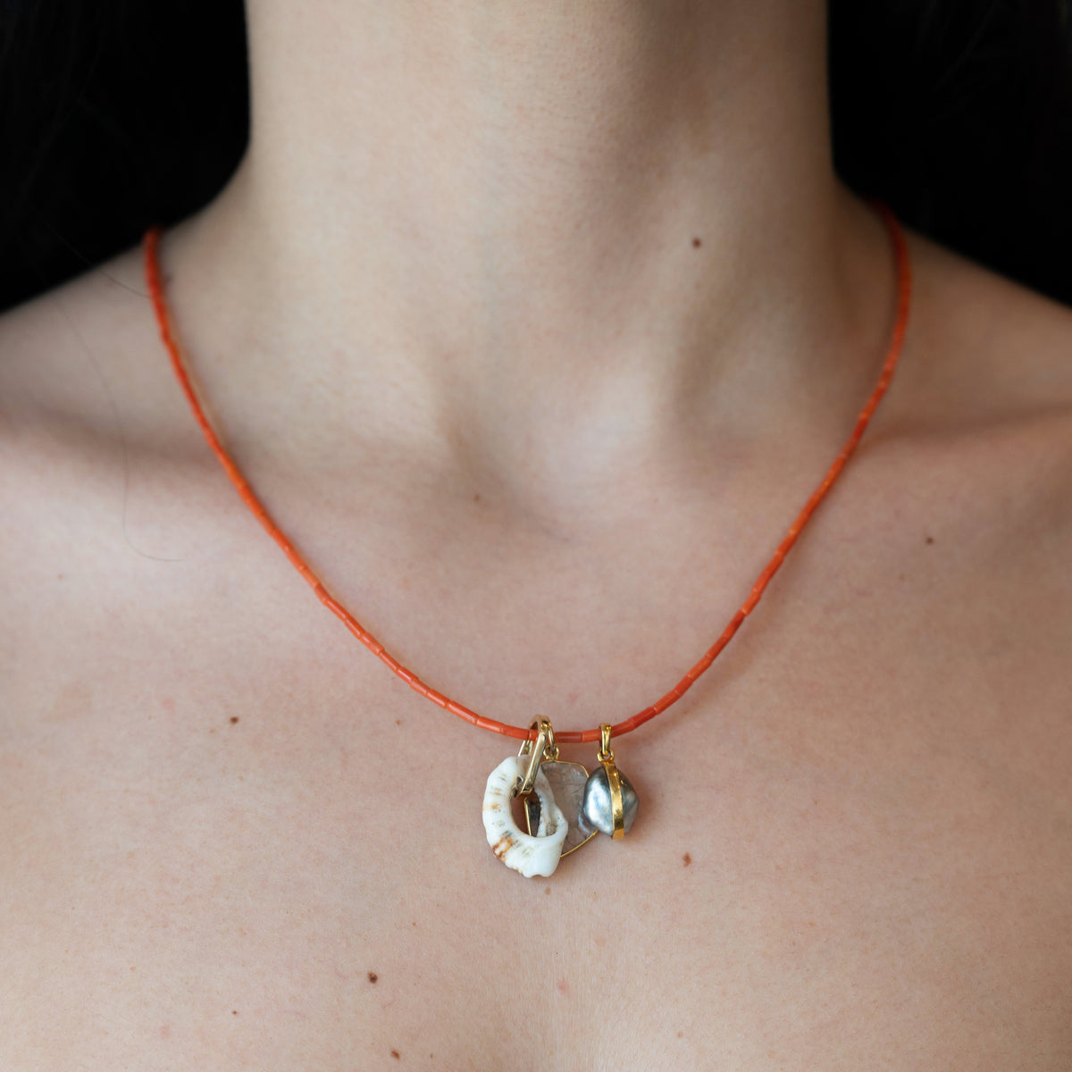 Coral, Shell, Pearl and Diamond 14k Gold Necklace