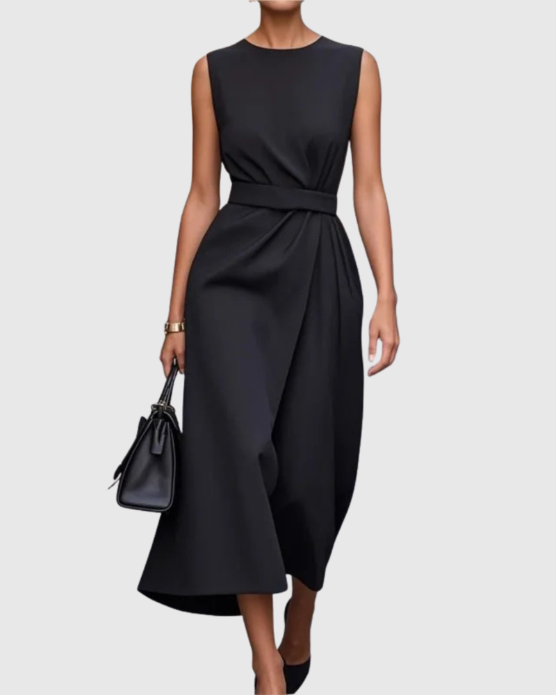 Draped Round Neck Sleeveless A-Line Midi Dress | Radiance Collection 1