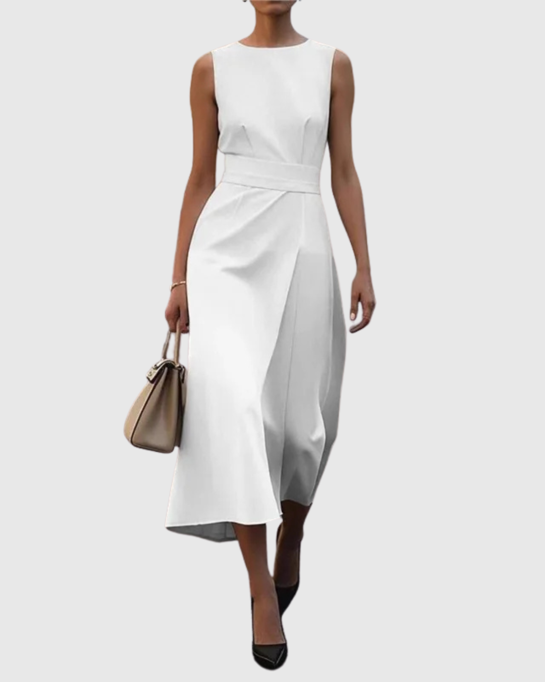 Draped Round Neck Sleeveless A-Line Midi Dress | Radiance Collection 2