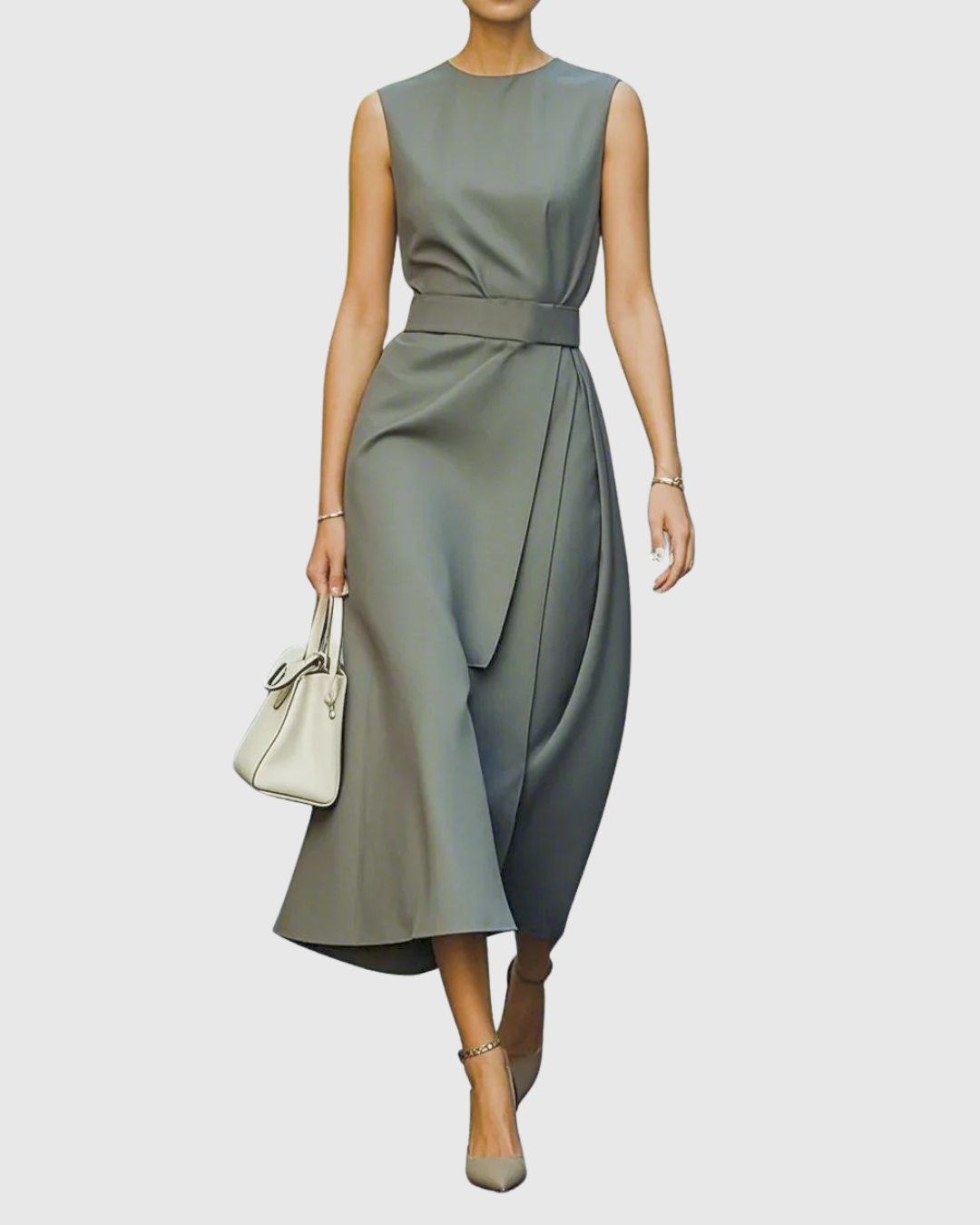 Draped Round Neck Sleeveless A-Line Midi Dress | Radiance Collection 4