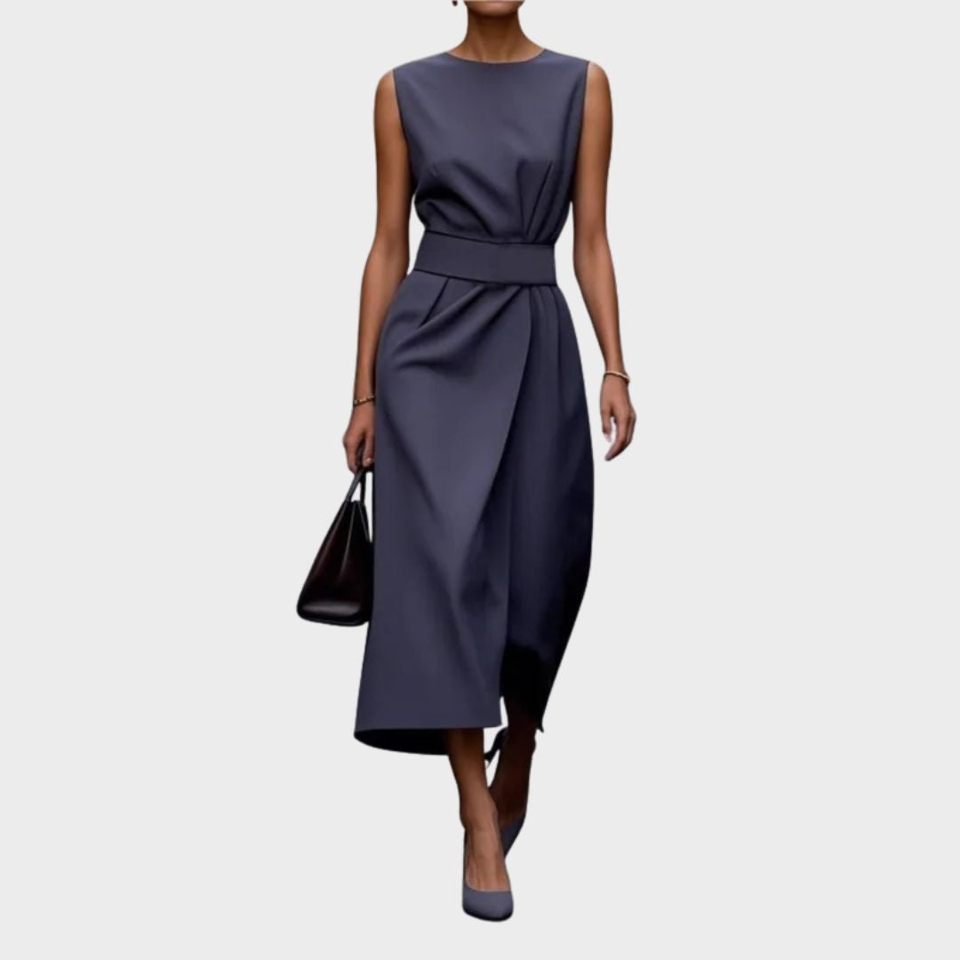Draped Round Neck Sleeveless A-Line Midi Dress | Radiance Collection 7