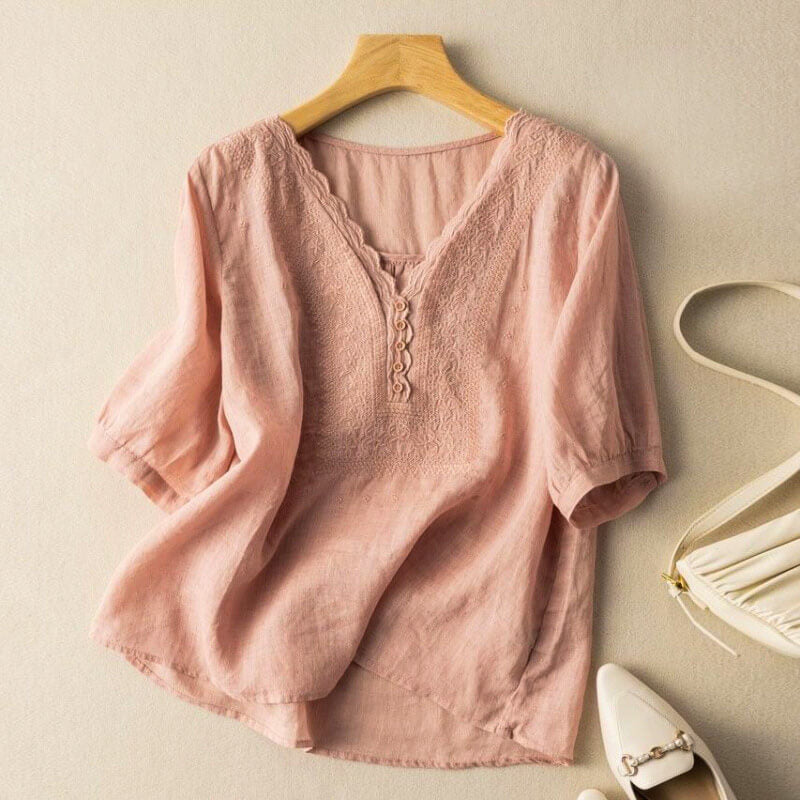 Embroidered V-Neck Puff Sleeve Blouse | Celestine Collection 0