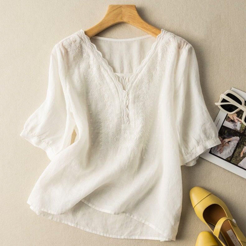 Embroidered V-Neck Puff Sleeve Blouse | Celestine Collection 1