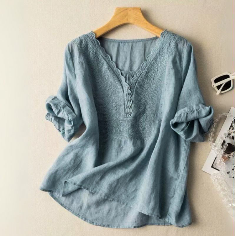 Embroidered V-Neck Puff Sleeve Blouse | Celestine Collection 3