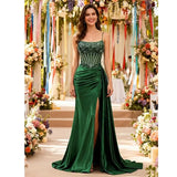 Emerald Green Beaded Spaghetti Strap Mermaid Evening Gown | Esmera Collection 0