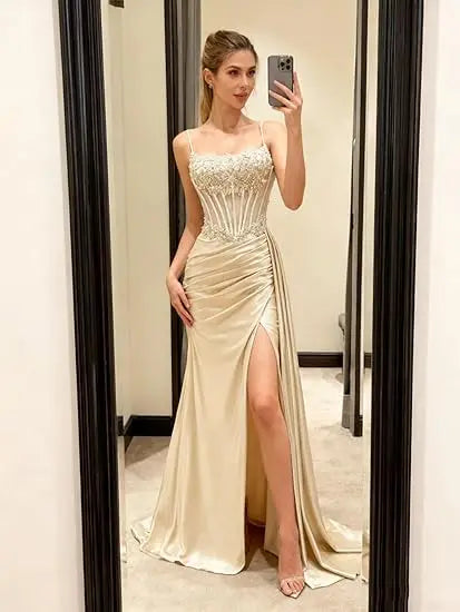 Emerald Green Beaded Spaghetti Strap Mermaid Evening Gown | Esmera Collection 1