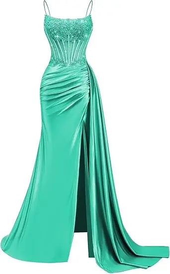 Emerald Green Beaded Spaghetti Strap Mermaid Evening Gown | Esmera Collection 12