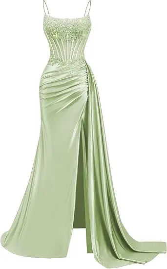 Emerald Green Beaded Spaghetti Strap Mermaid Evening Gown | Esmera Collection 13