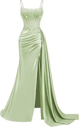 Emerald Green Beaded Spaghetti Strap Mermaid Evening Gown | Esmera Collection 13